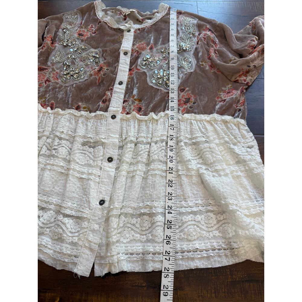 POL Velvet Floral Lace Beaded Sequin Crystal Romantic Boho Button Front Top Sz L - Picture 6 of 15
